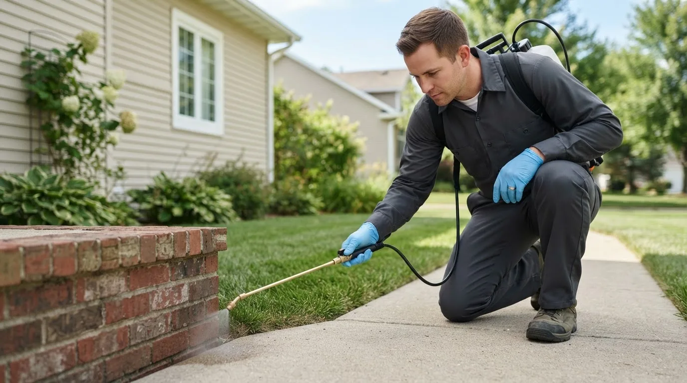 Pest control technician treating a home near Leola, SD